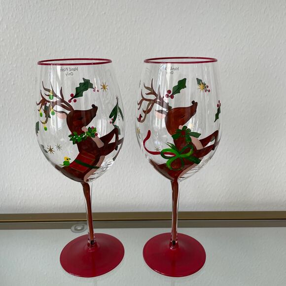 Neiman Marcus Hand-Painted Reindeer Christmas Wine Glasses Set of 4 New - Picture 12 of 16
